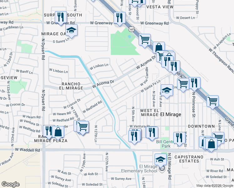 map of restaurants, bars, coffee shops, grocery stores, and more near 14502 North 125th Lane in El Mirage