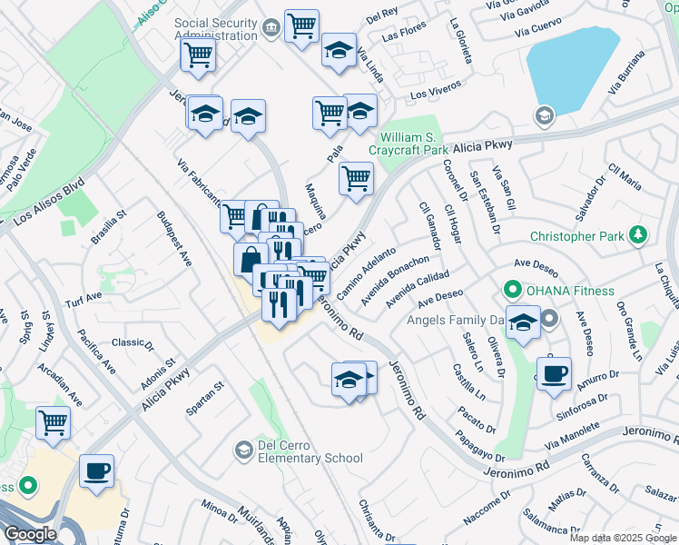 map of restaurants, bars, coffee shops, grocery stores, and more near 23842 Alicia Parkway in Mission Viejo
