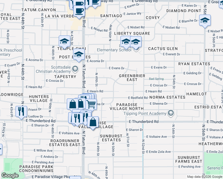 map of restaurants, bars, coffee shops, grocery stores, and more near 5001 East Hearn Road in Scottsdale