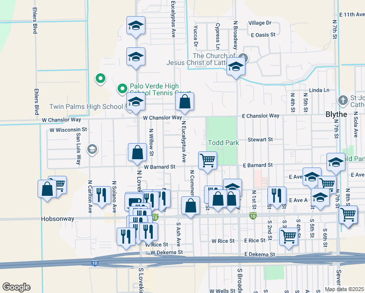map of restaurants, bars, coffee shops, grocery stores, and more near 378 North Eucalyptus Avenue in Blythe