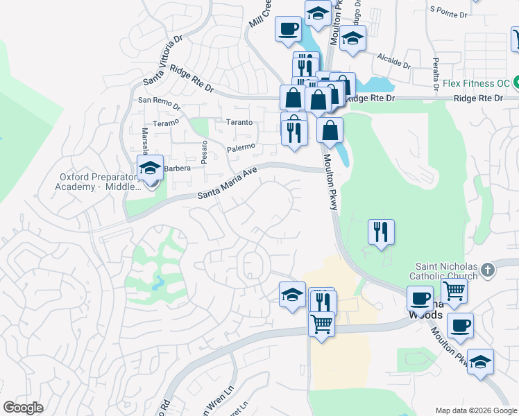 map of restaurants, bars, coffee shops, grocery stores, and more near 3076 Via Serena South in Laguna Woods