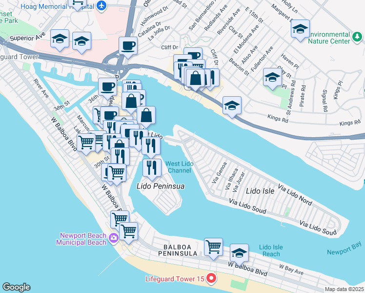 map of restaurants, bars, coffee shops, grocery stores, and more near 213 Via Lido Soud in Newport Beach