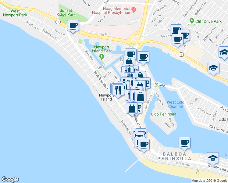 map of restaurants, bars, coffee shops, grocery stores, and more near 203 33rd Street in Newport Beach
