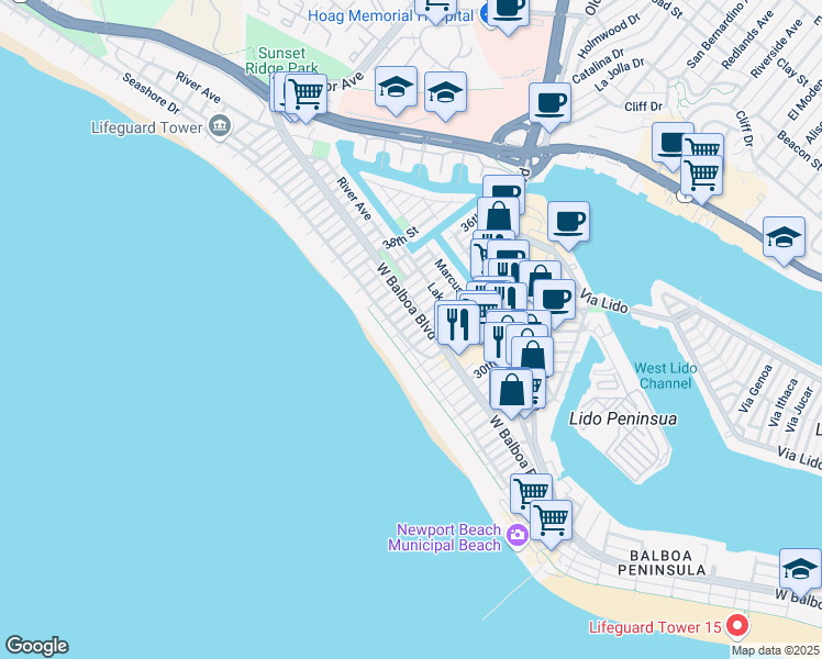 map of restaurants, bars, coffee shops, grocery stores, and more near 3312 West Oceanfront in Newport Beach