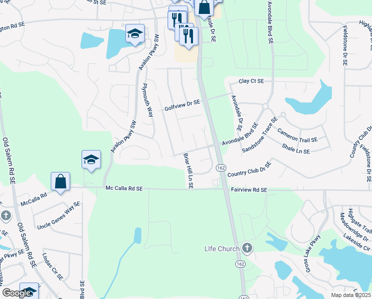 map of restaurants, bars, coffee shops, grocery stores, and more near 2125 Country Walk Way Southeast in Conyers