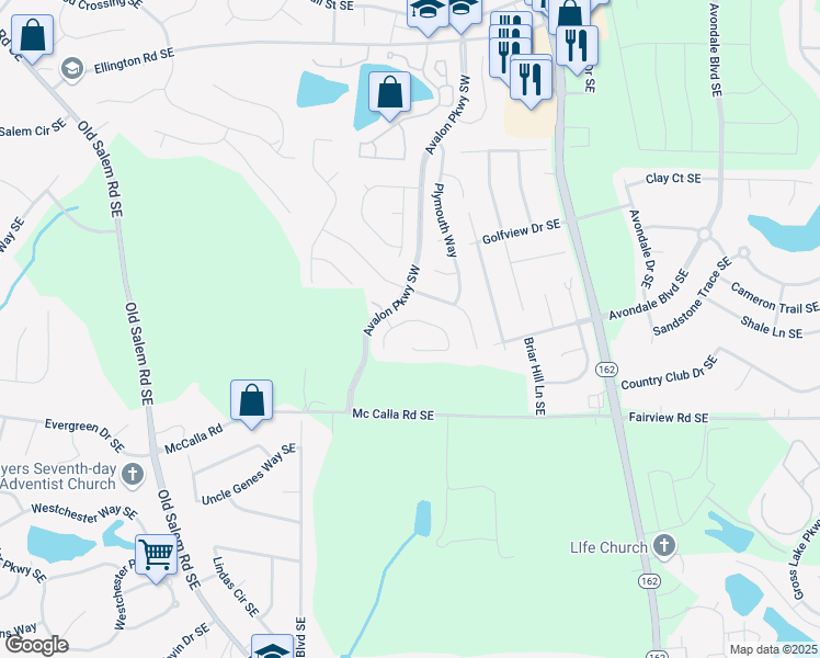 map of restaurants, bars, coffee shops, grocery stores, and more near 3121 Baywood Court in Conyers