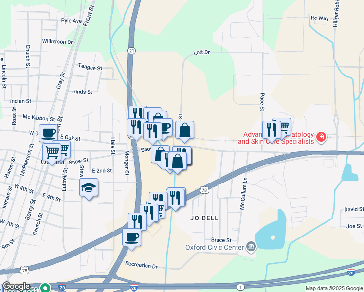 map of restaurants, bars, coffee shops, grocery stores, and more near 704 Snow Street in Oxford