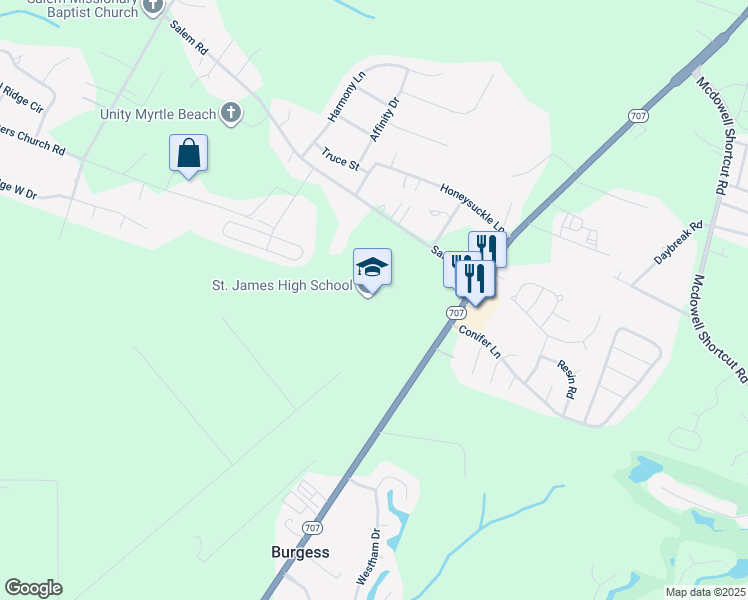 map of restaurants, bars, coffee shops, grocery stores, and more near 10800 South Carolina 707 in Murrells Inlet