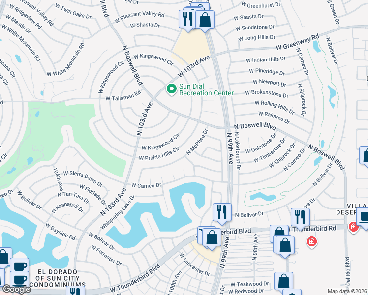 map of restaurants, bars, coffee shops, grocery stores, and more near 14414 North McPhee Drive in Sun City