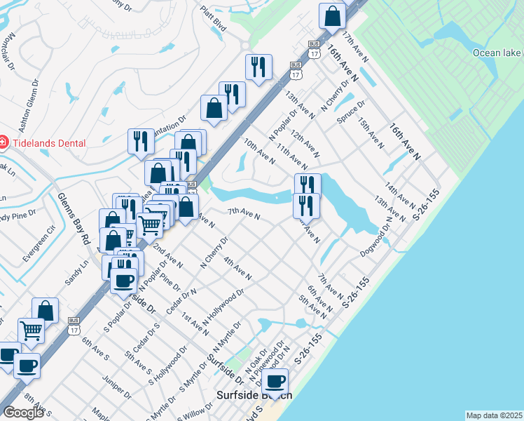 map of restaurants, bars, coffee shops, grocery stores, and more near 652 7th Avenue North in Surfside Beach