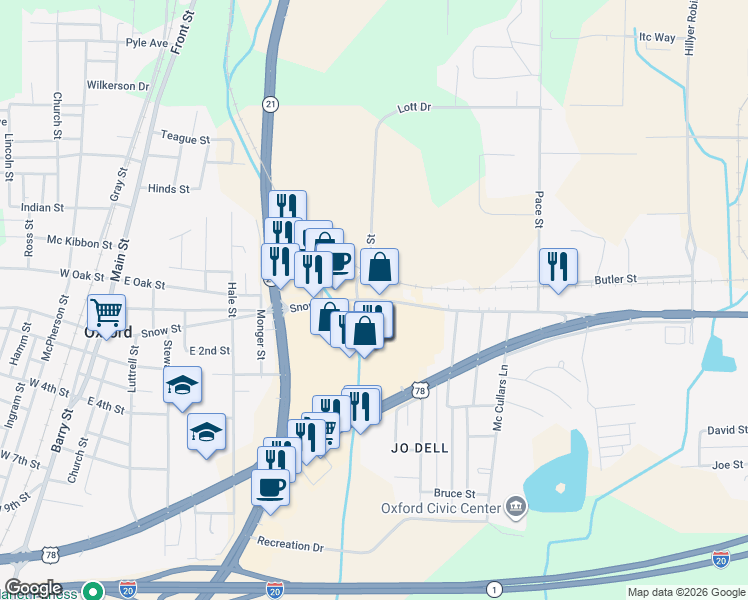 map of restaurants, bars, coffee shops, grocery stores, and more near 704 Snow Street in Oxford