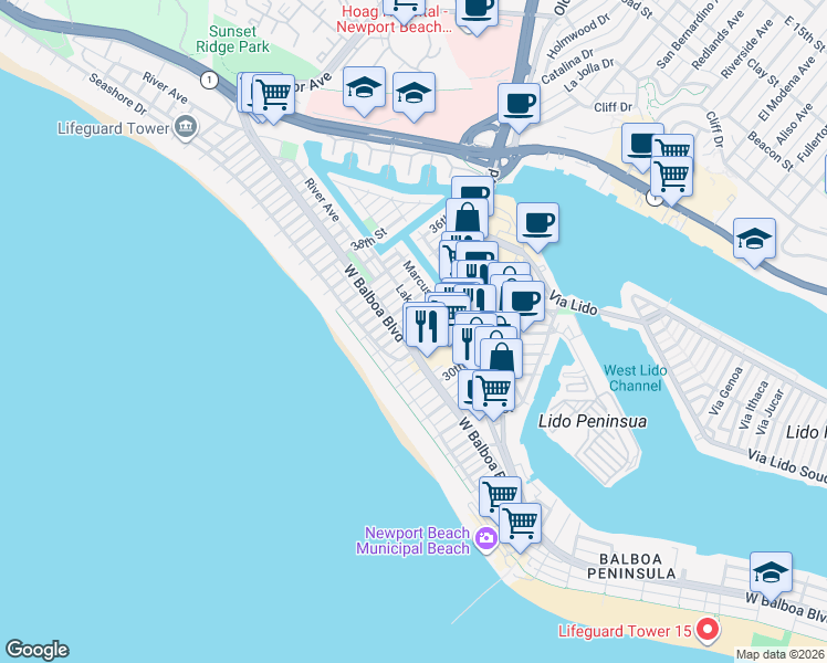 map of restaurants, bars, coffee shops, grocery stores, and more near 203 33rd Street in Newport Beach