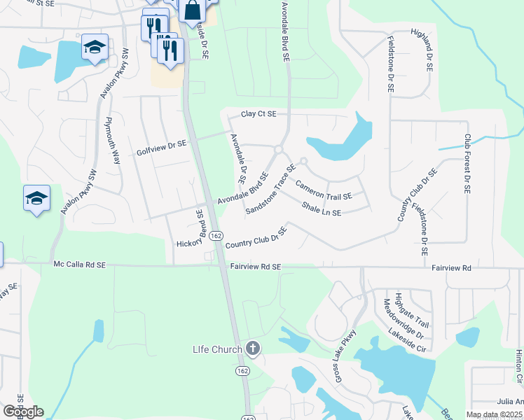 map of restaurants, bars, coffee shops, grocery stores, and more near 3406 Sandstone Trail Southeast in Conyers