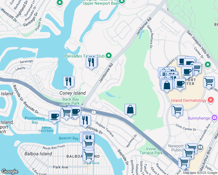 map of restaurants, bars, coffee shops, grocery stores, and more near 20 Ocean Vista in Newport Beach