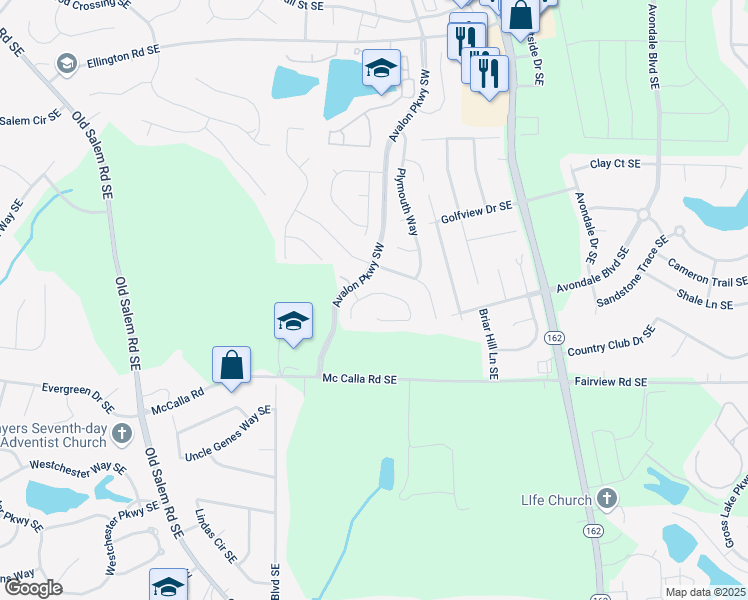 map of restaurants, bars, coffee shops, grocery stores, and more near 3121 Baywood Court in Conyers