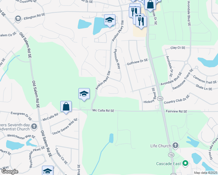 map of restaurants, bars, coffee shops, grocery stores, and more near 3123 Baywood Court in Conyers