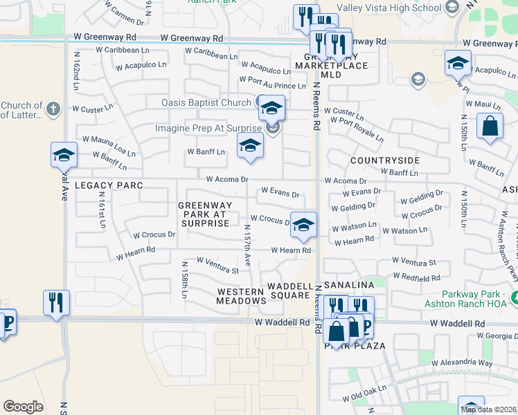 map of restaurants, bars, coffee shops, grocery stores, and more near 15655 West Gelding Drive in Surprise