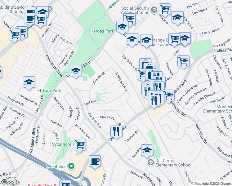 map of restaurants, bars, coffee shops, grocery stores, and more near 23862 Helsinki Street in Mission Viejo