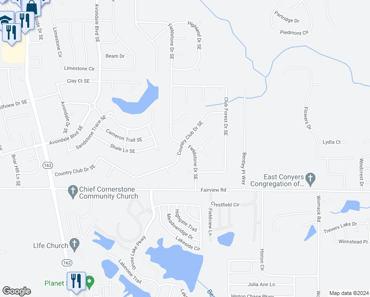 map of restaurants, bars, coffee shops, grocery stores, and more near 2531 Country Club Drive Southeast in Conyers