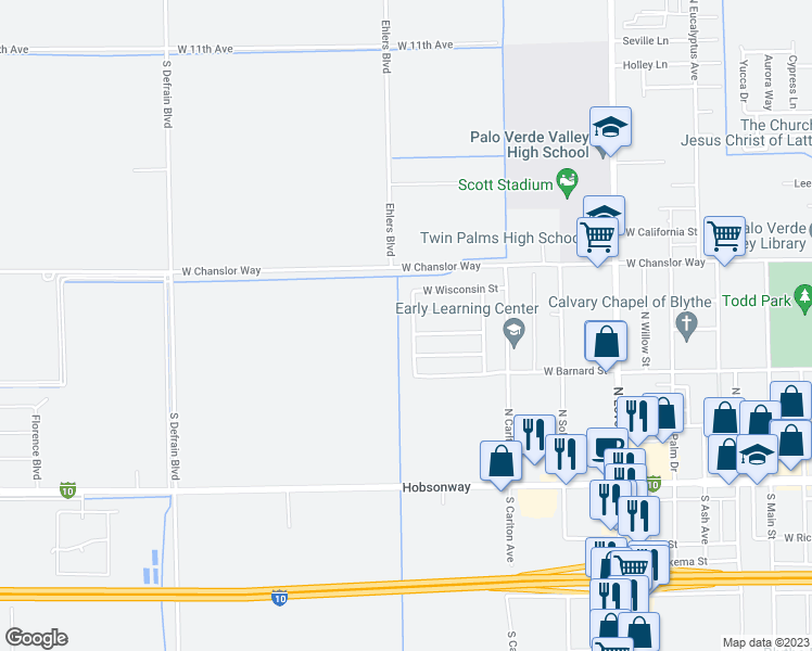 map of restaurants, bars, coffee shops, grocery stores, and more near 373 San Jacinto Way in Blythe
