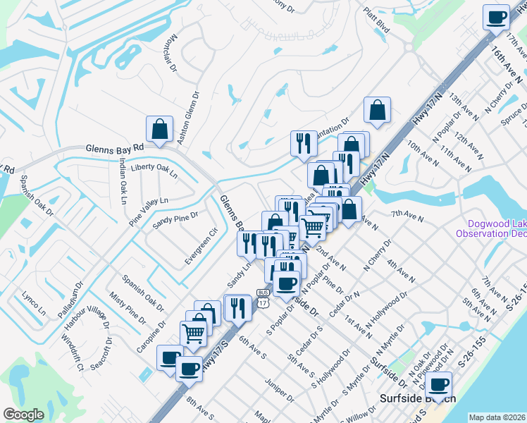 map of restaurants, bars, coffee shops, grocery stores, and more near 1356 Glenns Bay Road in Myrtle Beach