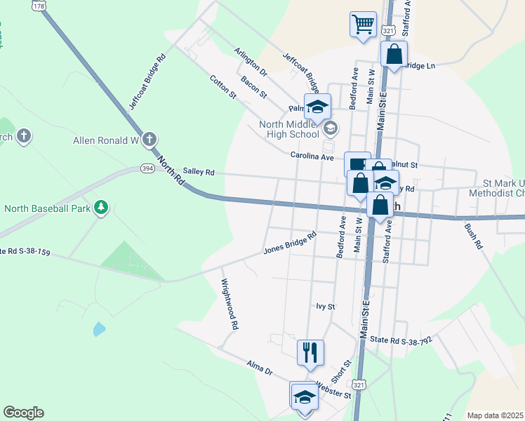 map of restaurants, bars, coffee shops, grocery stores, and more near 218 Edgefield Road in North
