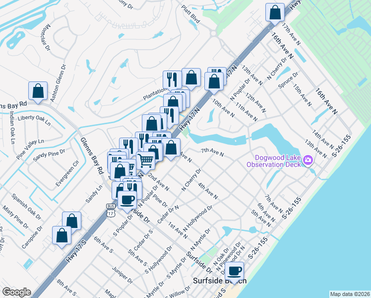map of restaurants, bars, coffee shops, grocery stores, and more near 413 North Poplar Drive in Surfside Beach