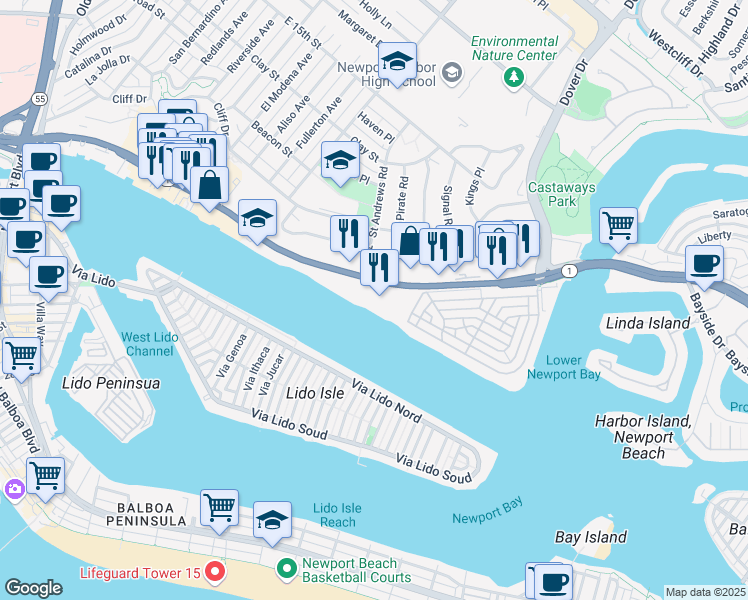 map of restaurants, bars, coffee shops, grocery stores, and more near 1221 West Coast Highway in Newport Beach