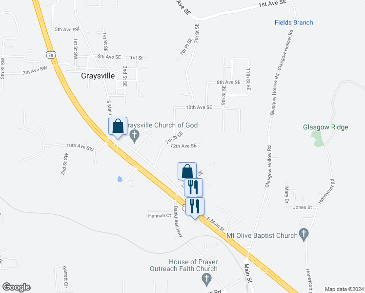 map of restaurants, bars, coffee shops, grocery stores, and more near 355 12th Avenue Southeast in Graysville