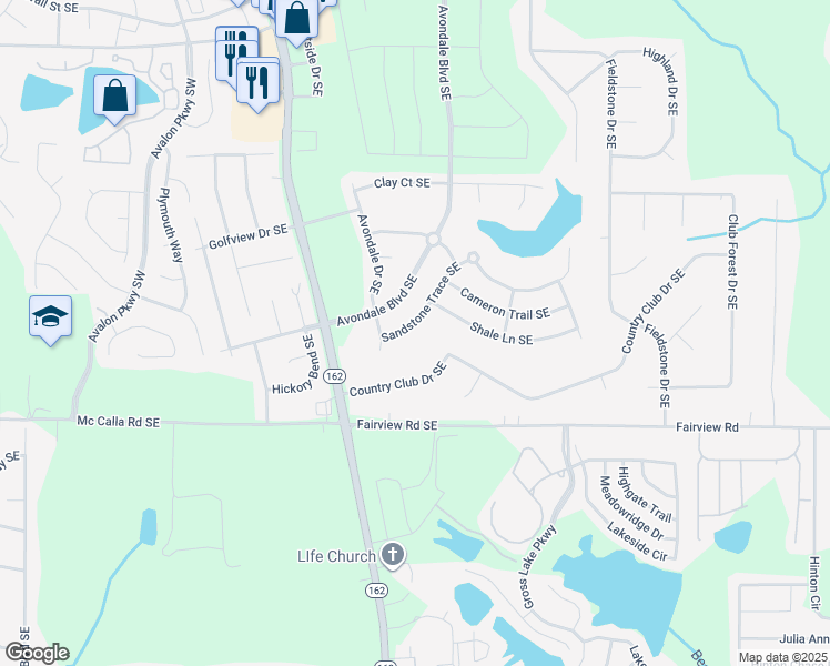 map of restaurants, bars, coffee shops, grocery stores, and more near 3406 Sandstone Trail Southeast in Conyers
