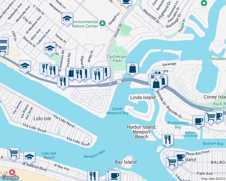 map of restaurants, bars, coffee shops, grocery stores, and more near 2831 Bayshore Drive in Newport Beach