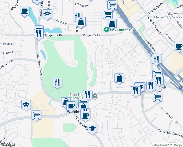 map of restaurants, bars, coffee shops, grocery stores, and more near 2390 Via Mariposa West in Laguna Woods