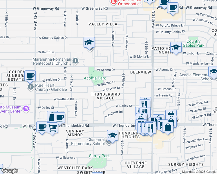 map of restaurants, bars, coffee shops, grocery stores, and more near 3745 West Crocus Drive in Phoenix