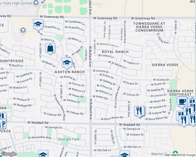 map of restaurants, bars, coffee shops, grocery stores, and more near 14653 West Gelding Drive in Surprise