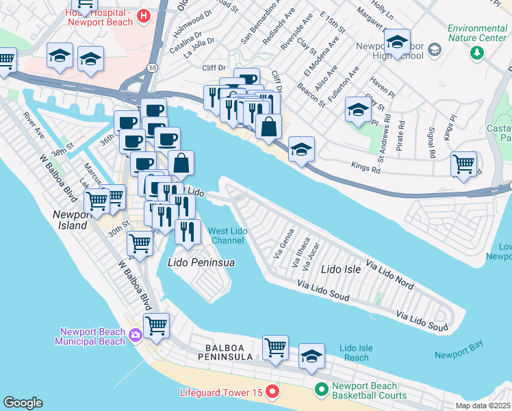map of restaurants, bars, coffee shops, grocery stores, and more near 213 Via Cordova in Newport Beach