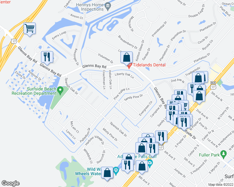map of restaurants, bars, coffee shops, grocery stores, and more near 19 Pine Valley Lane in Myrtle Beach