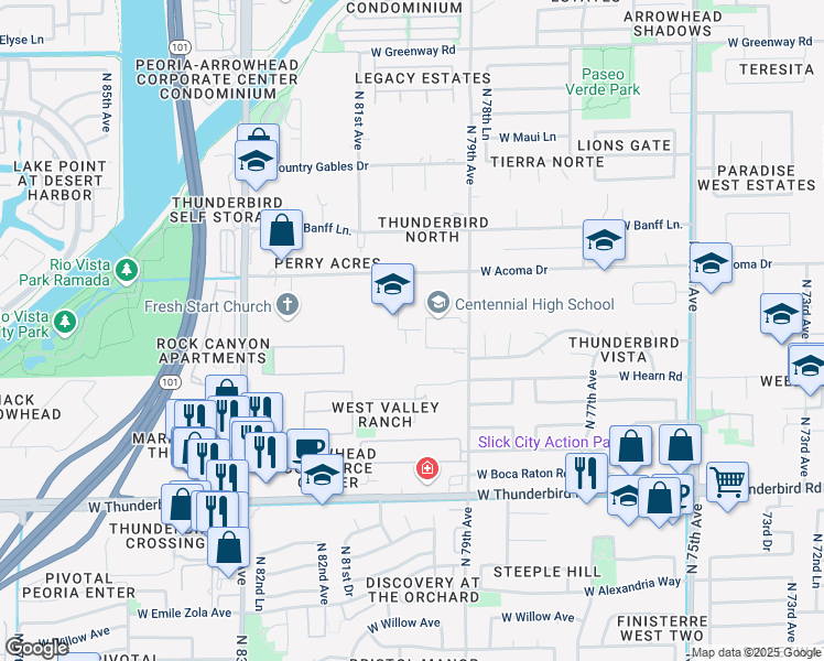 map of restaurants, bars, coffee shops, grocery stores, and more near Centennial High School Driveway in Peoria