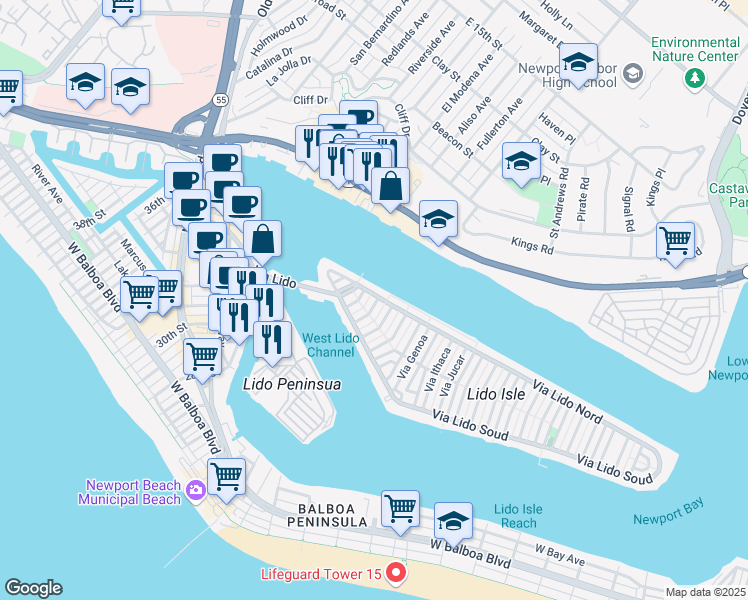 map of restaurants, bars, coffee shops, grocery stores, and more near 115 Via Cordova in Newport Beach