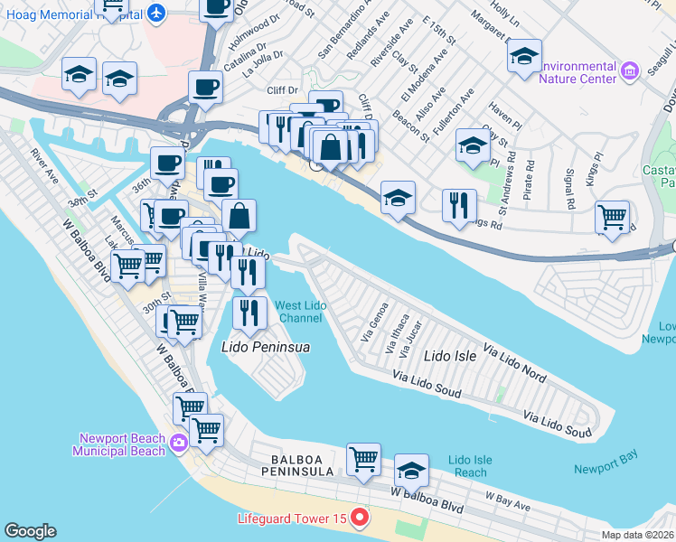 map of restaurants, bars, coffee shops, grocery stores, and more near 115 Via Cordova in Newport Beach