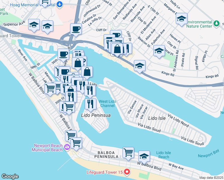map of restaurants, bars, coffee shops, grocery stores, and more near 213 Via Lido Soud in Newport Beach