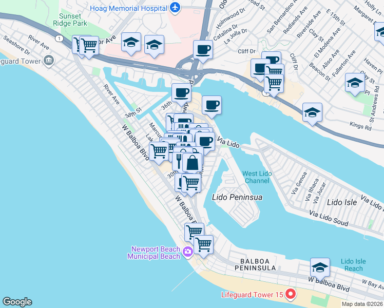map of restaurants, bars, coffee shops, grocery stores, and more near in Newport Beach