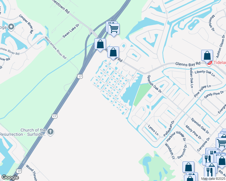 map of restaurants, bars, coffee shops, grocery stores, and more near 2226 Clearwater Drive in Surfside Beach