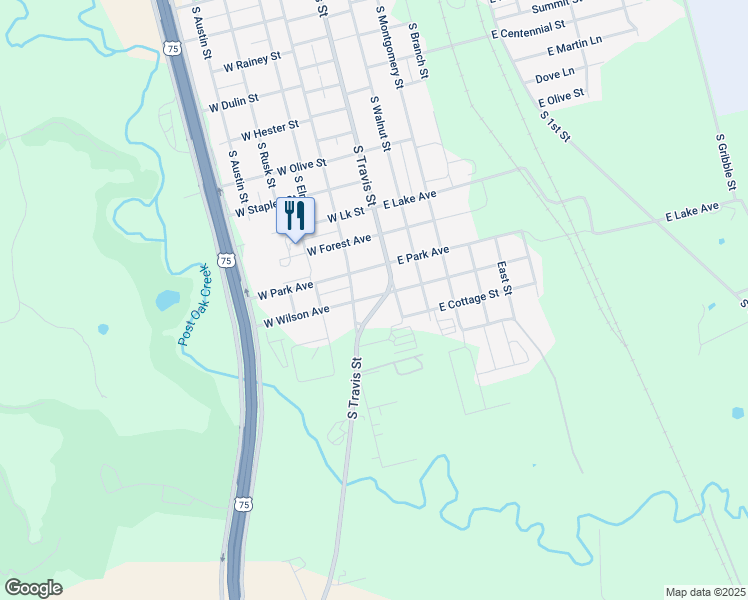 map of restaurants, bars, coffee shops, grocery stores, and more near 2001 South Crockett Street in Sherman