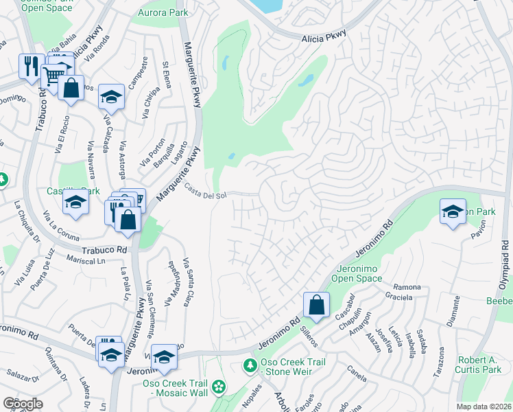 map of restaurants, bars, coffee shops, grocery stores, and more near 27735 Vía Rodrigo in Mission Viejo