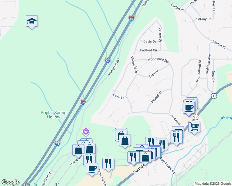 map of restaurants, bars, coffee shops, grocery stores, and more near 605 Levert Lane in Trussville