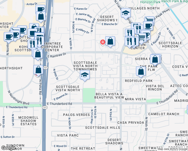 map of restaurants, bars, coffee shops, grocery stores, and more near 9181 East Redfield Road in Scottsdale