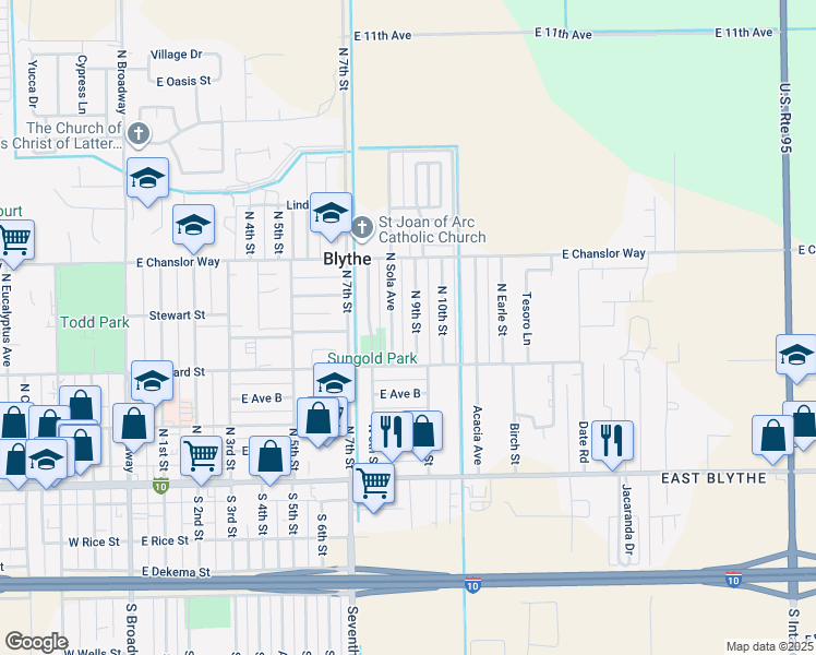 map of restaurants, bars, coffee shops, grocery stores, and more near 361 North 9th Street in Blythe