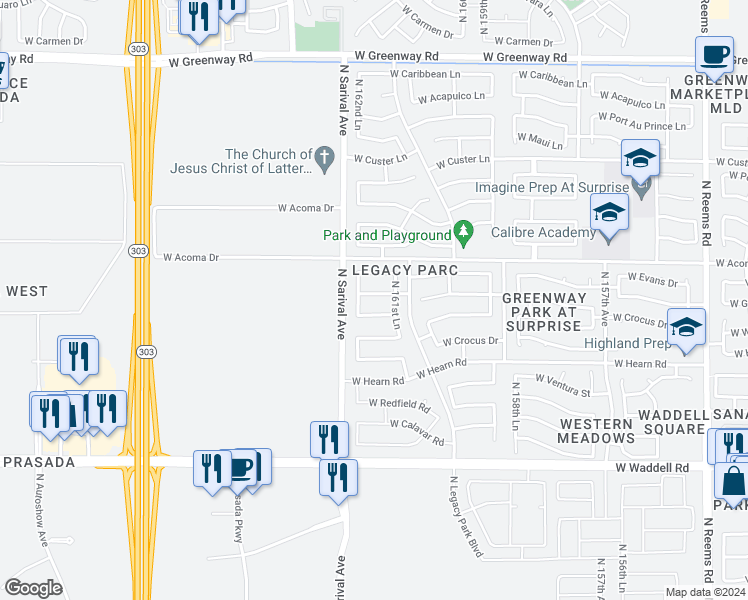 map of restaurants, bars, coffee shops, grocery stores, and more near 16209 West Gelding Drive in Surprise