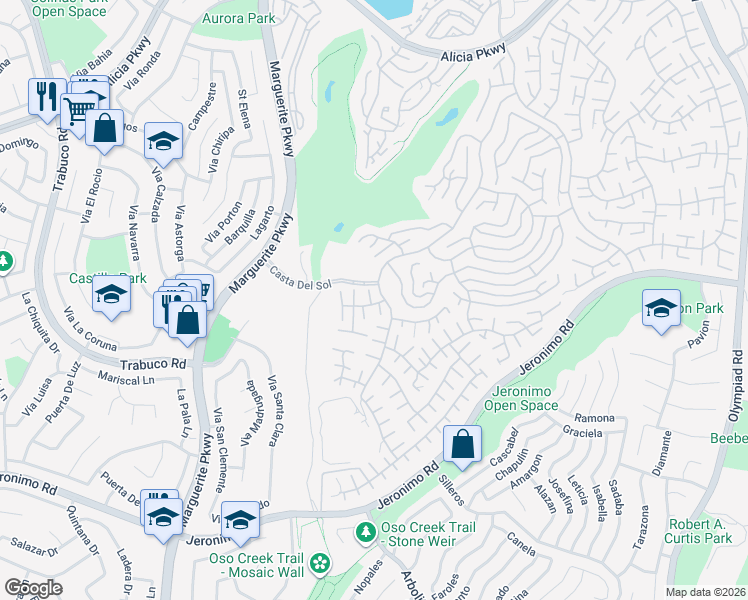 map of restaurants, bars, coffee shops, grocery stores, and more near 27735 Via Rodrigo in Mission Viejo