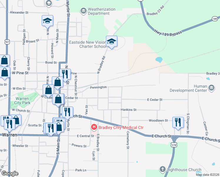map of restaurants, bars, coffee shops, grocery stores, and more near 106 North Munn Street in Warren
